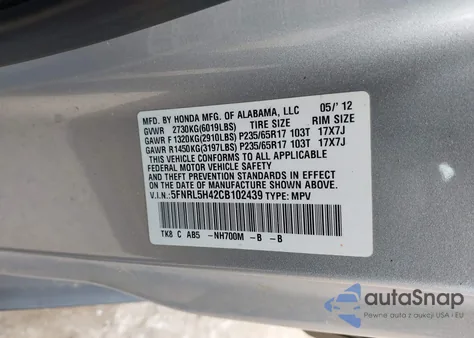 2012 Honda Odyssey Ex z USA, uszkodzony, nr VIN 5FNRL5H42CB102439